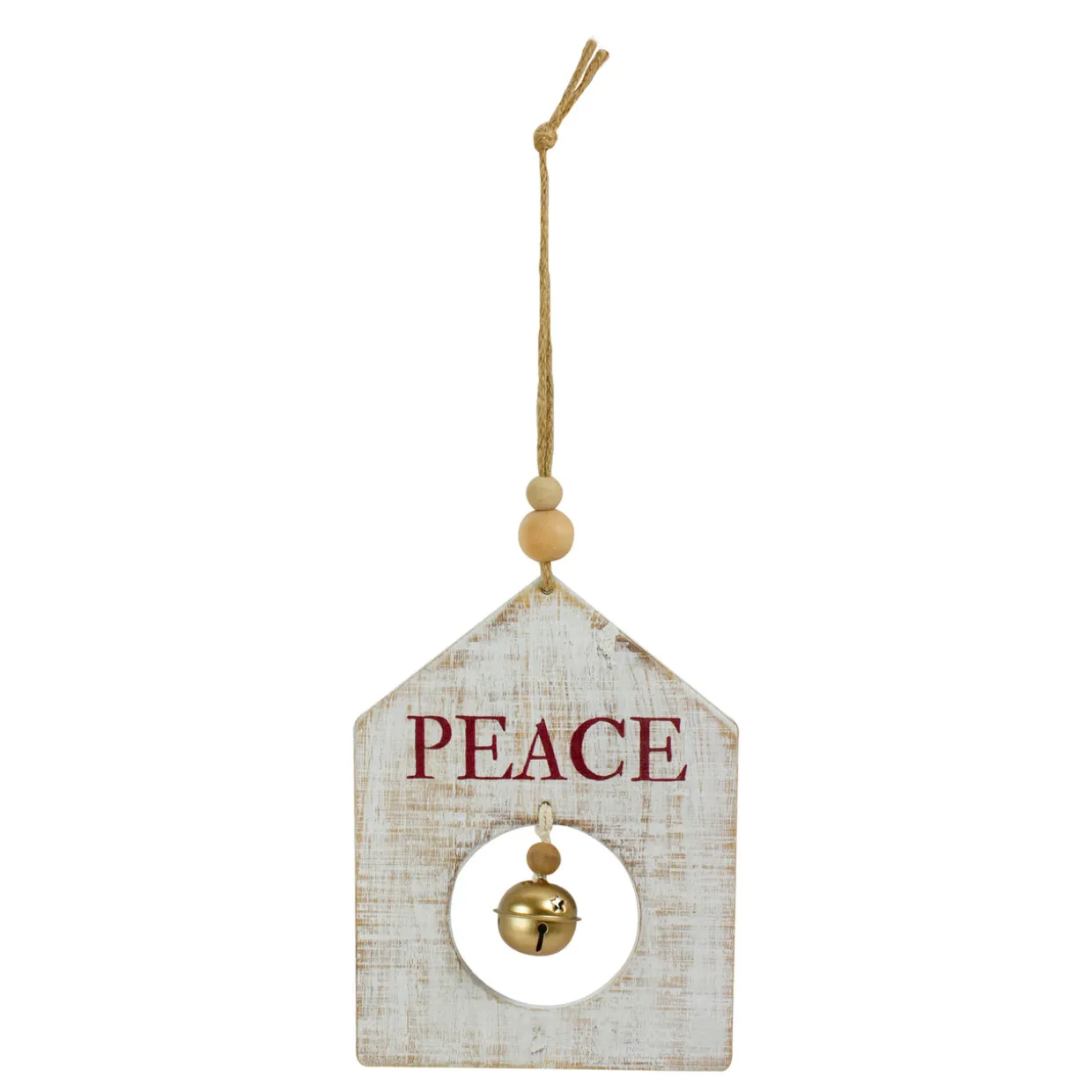8" White Wooden "Peace" With Gold Bell Christmas Ornament