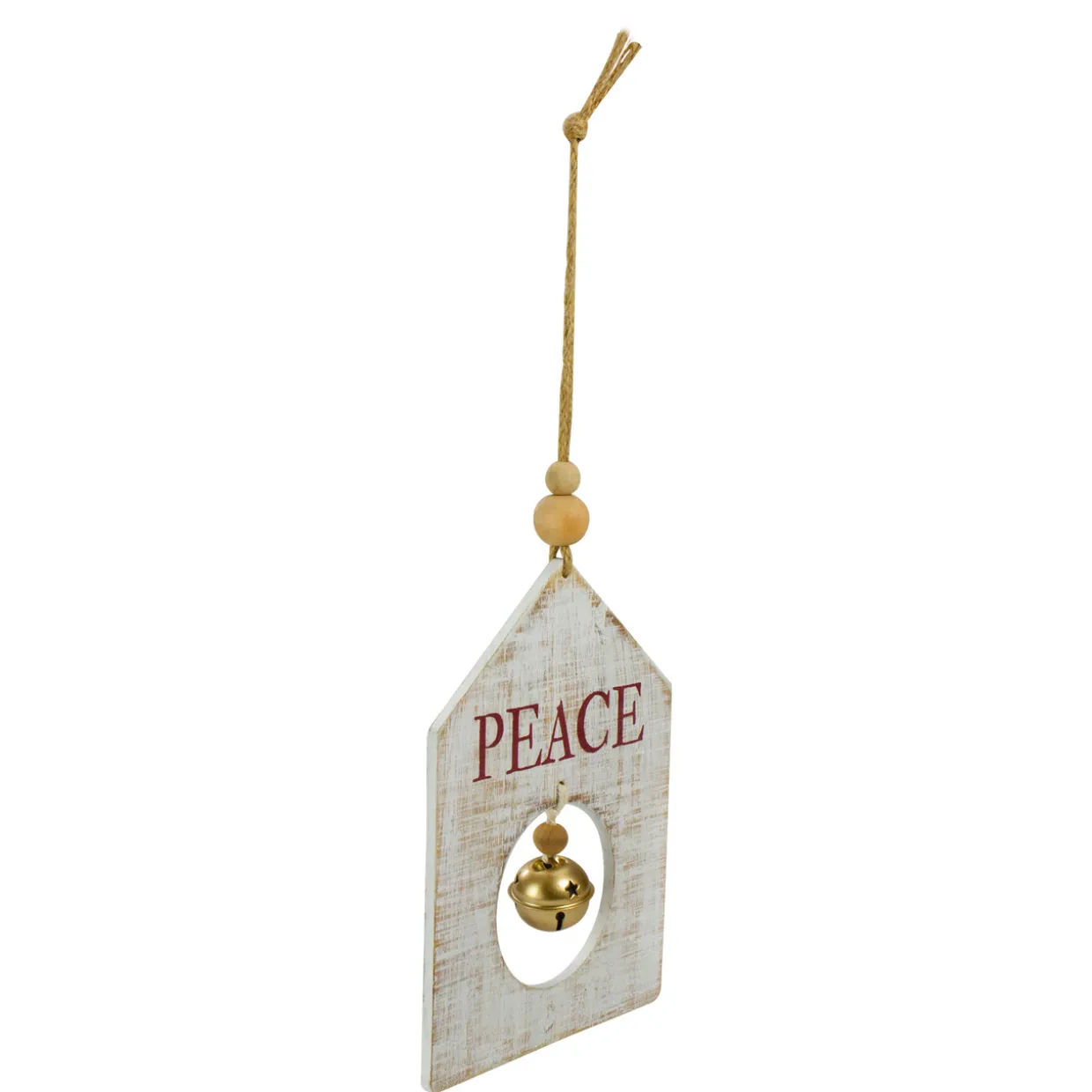 8" White Wooden "Peace" With Gold Bell Christmas Ornament