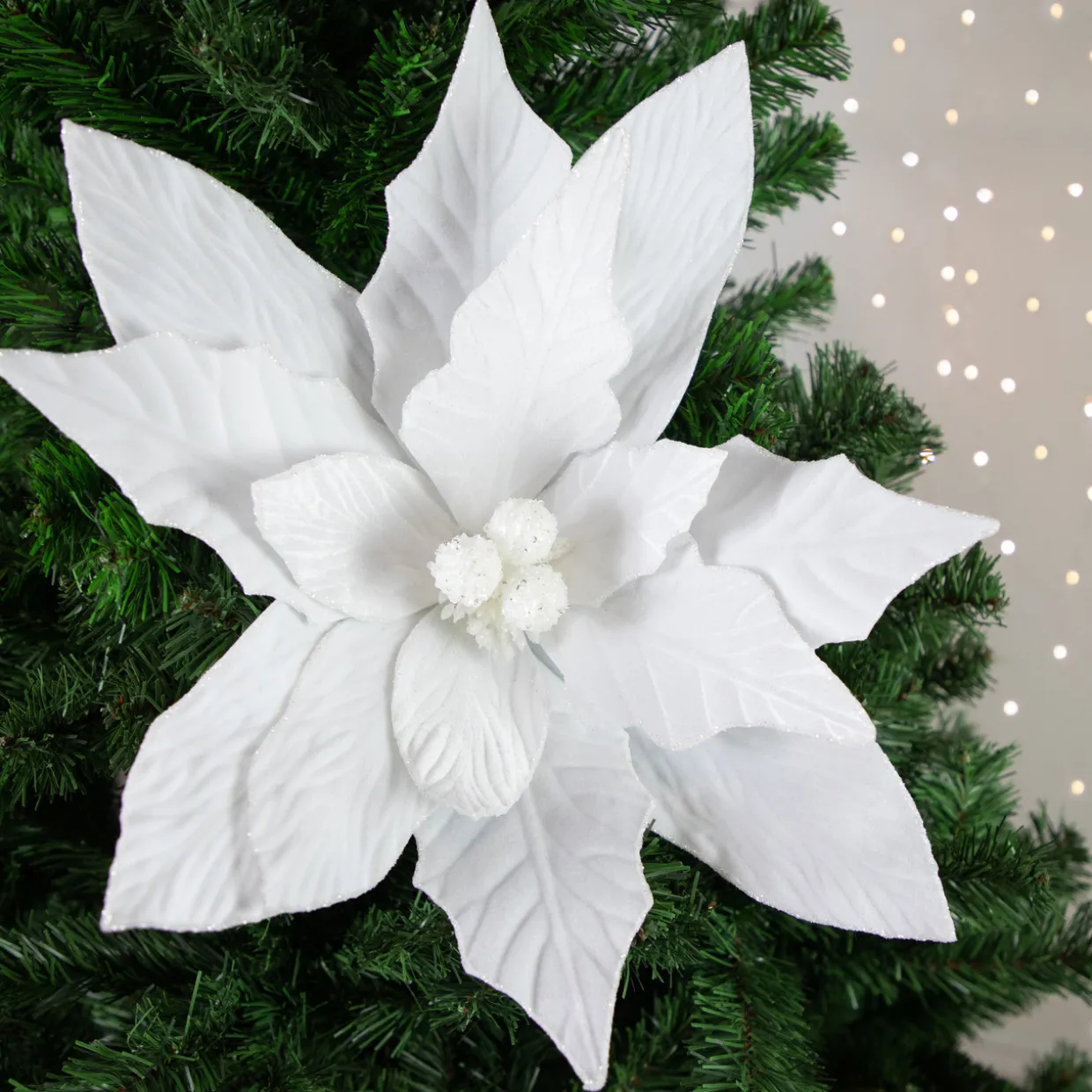 24" Winter White Glittered Poinsettia Christmas Stem Spray