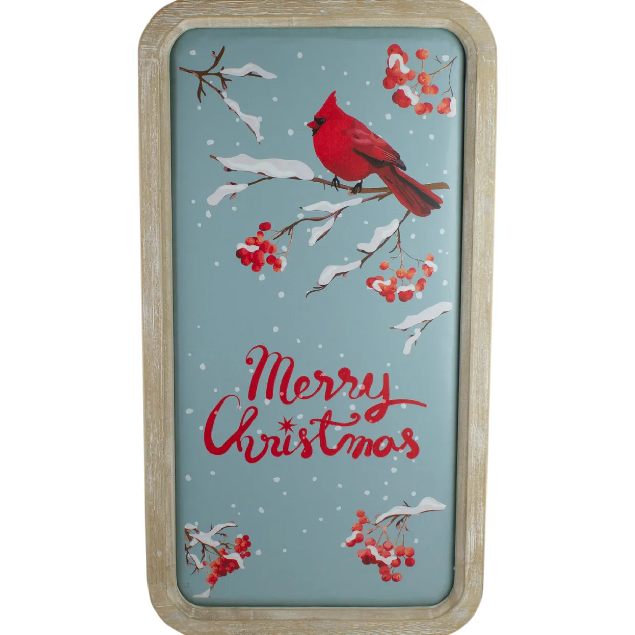 25.5" Wood Framed Blue and Red Merry Christmas Wall Decor with Red Cardinal