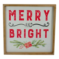 16" Wooden Framed "Merry And Bright" Metal Christmas Sign