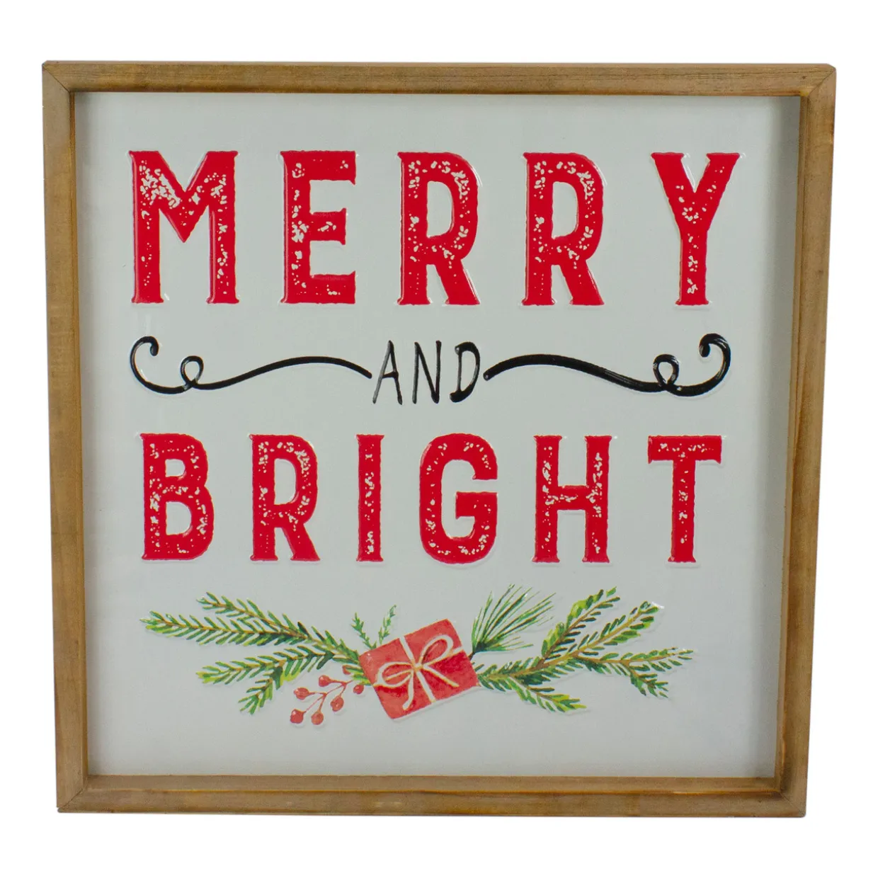 16" Wooden Framed "Merry And Bright" Metal Christmas Sign