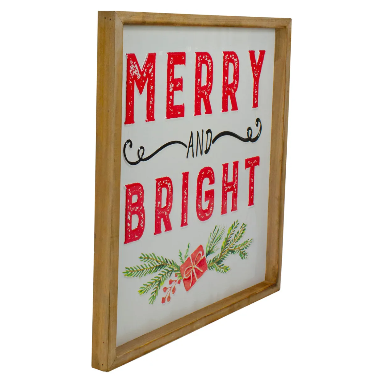 16" Wooden Framed "Merry And Bright" Metal Christmas Sign