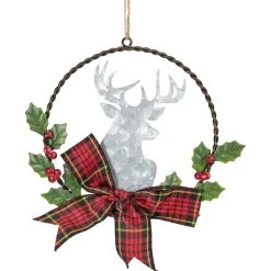5.5" Wreath and Galvanized Moose Christmas Ornament with Plaid Bow