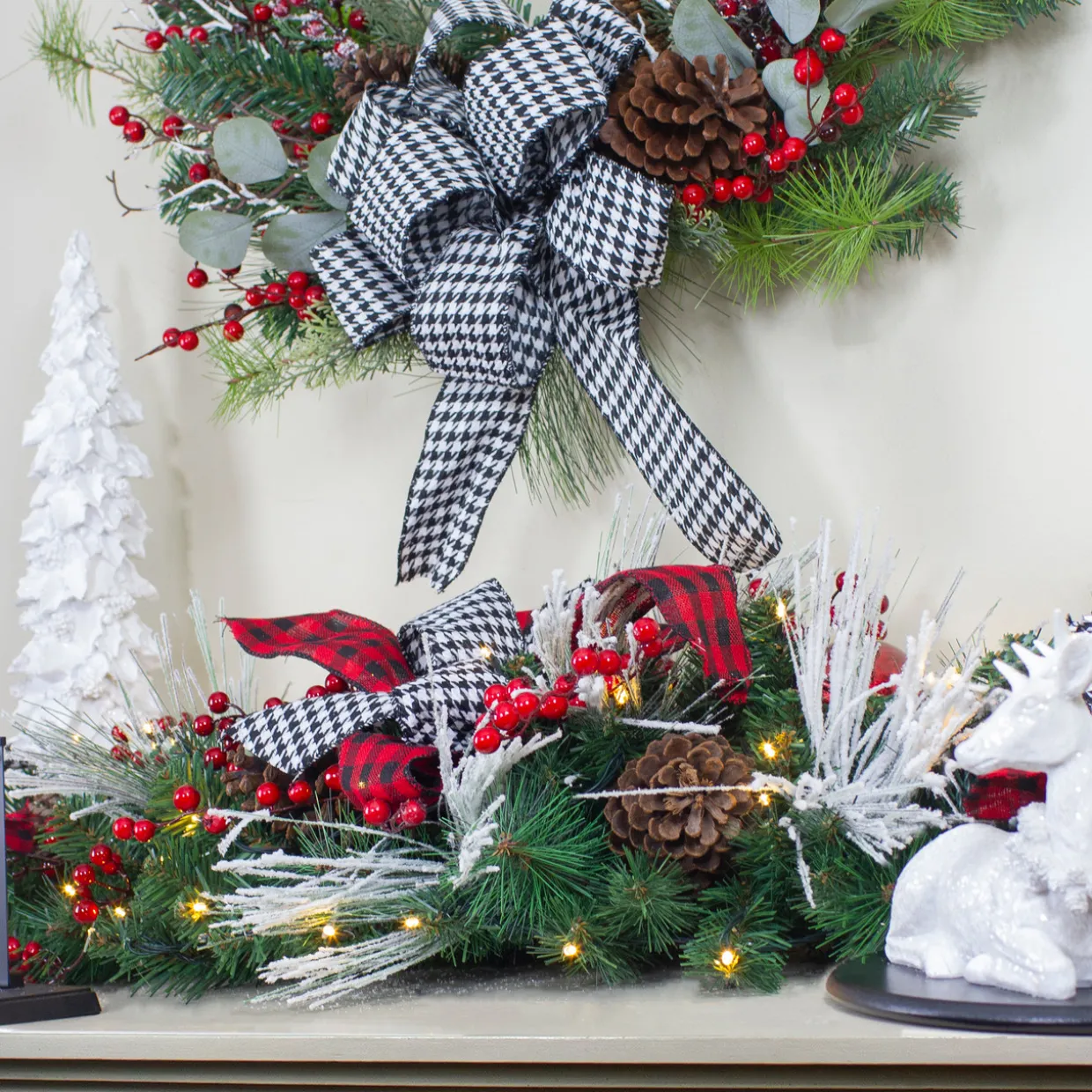 6' x 12" Pre-Lit Plaid Bows and Red Berries Artificial Christmas Garland - Warm White Lights