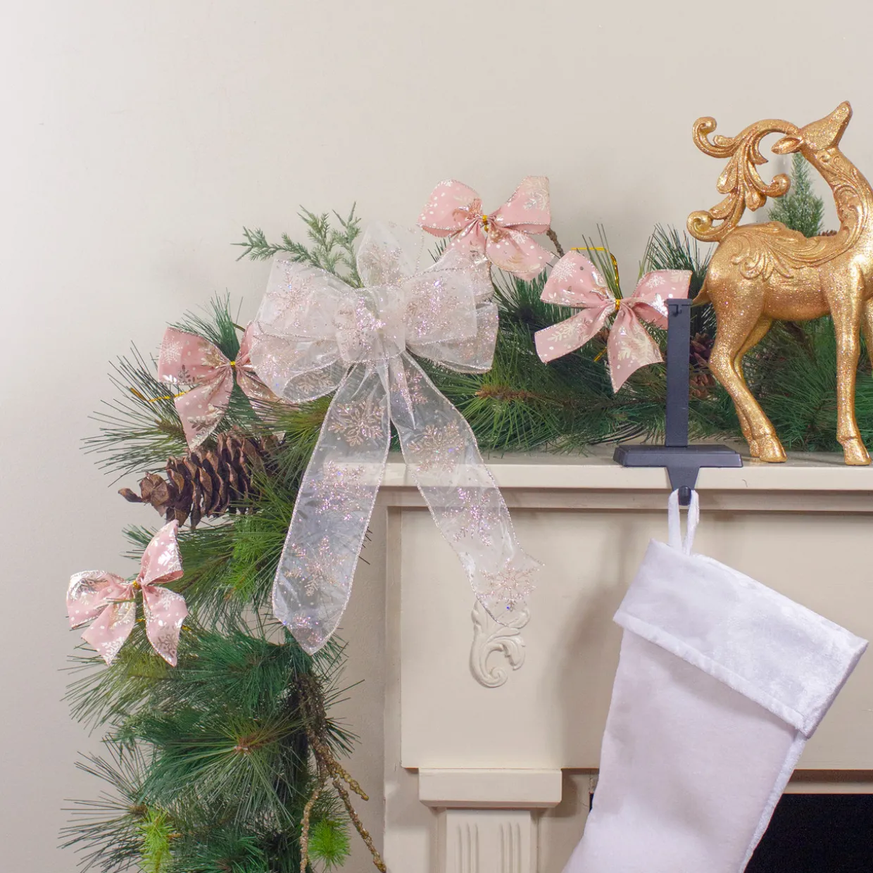 14" x 9" Sheer and Gold Snowflake 6 Loop Christmas Bow Decoration