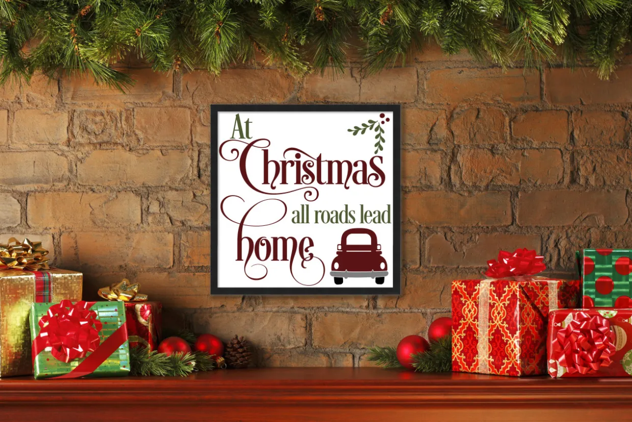 All Roads Lead Home 17.5" x 17.5" Framed Christmas Wall Decor Art Print Sign Poster in a Black Wooden Frame with UV Acrylic and Hangers