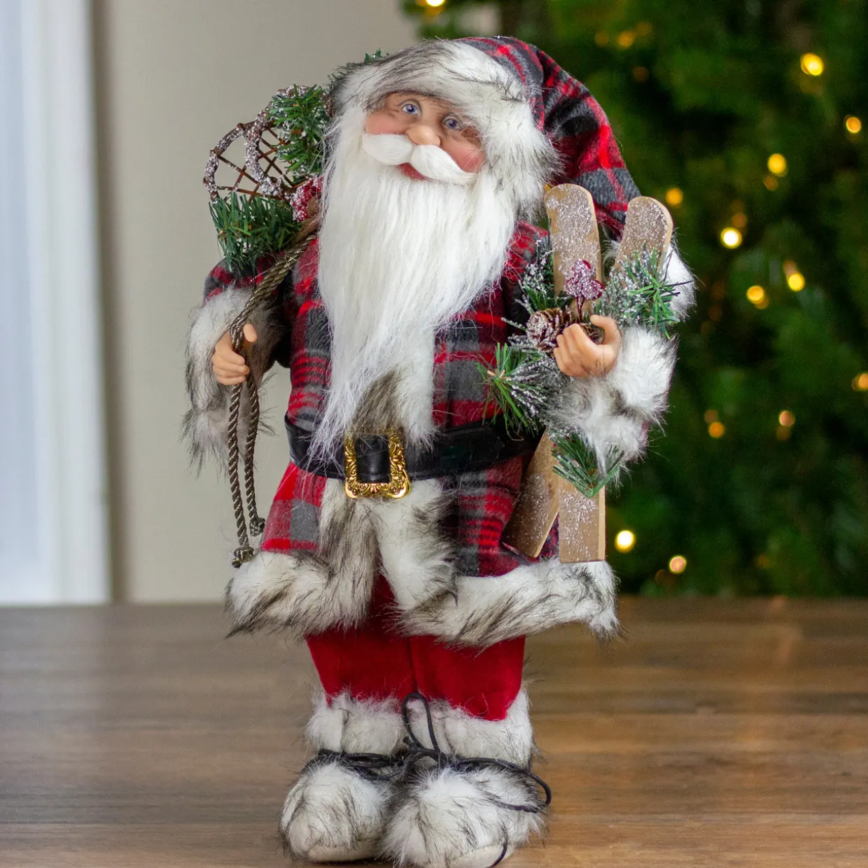 Alpine Chic Standing Santa Claus with Snowshoes and Skis Christmas Figure - 16"