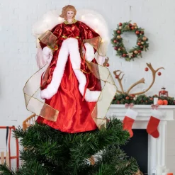 Angel with Lighted Wings Christmas Tree Topper - 14" - Red and White