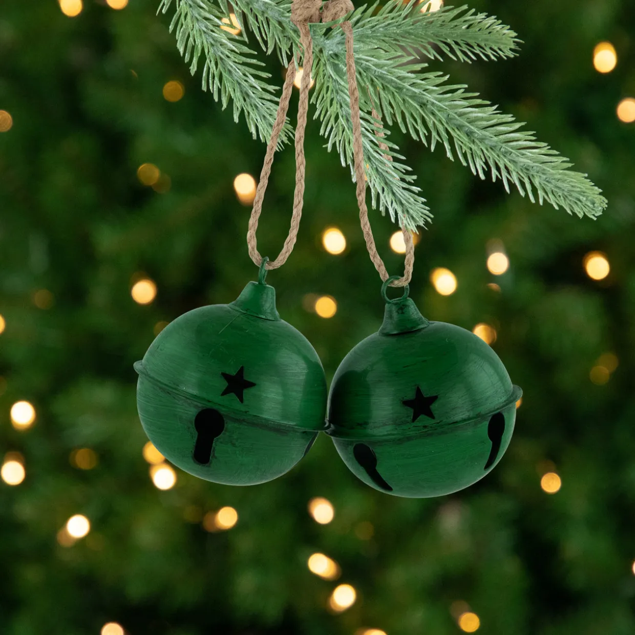 Antiqued Christmas Jingle Bells Ornaments - 3" - Green - Set of 2