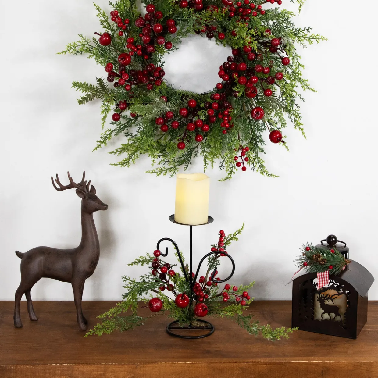 Apples and Berries Christmas Pillar Candle Holder - 10" - Green and Red