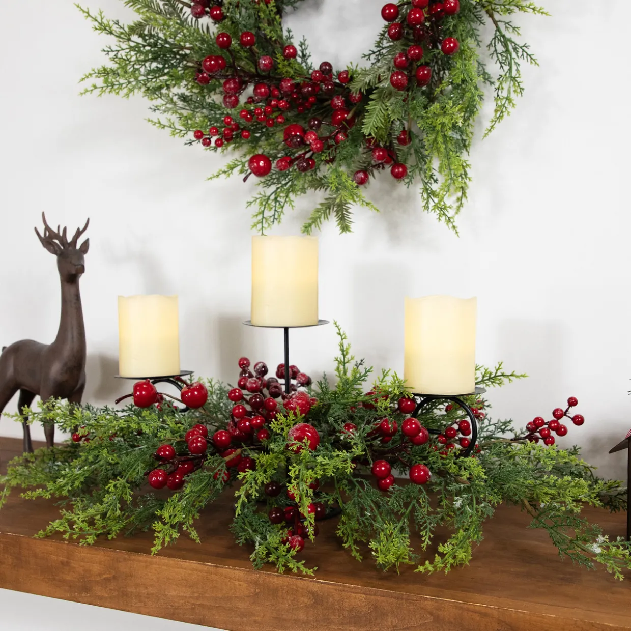 Apples and Berries Triple Pillar Christmas Candle Holder - 36" - Green and Red