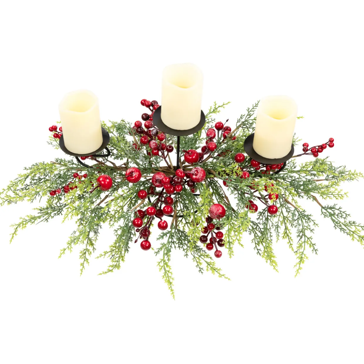 Apples and Berries Triple Pillar Christmas Candle Holder - 36" - Green and Red