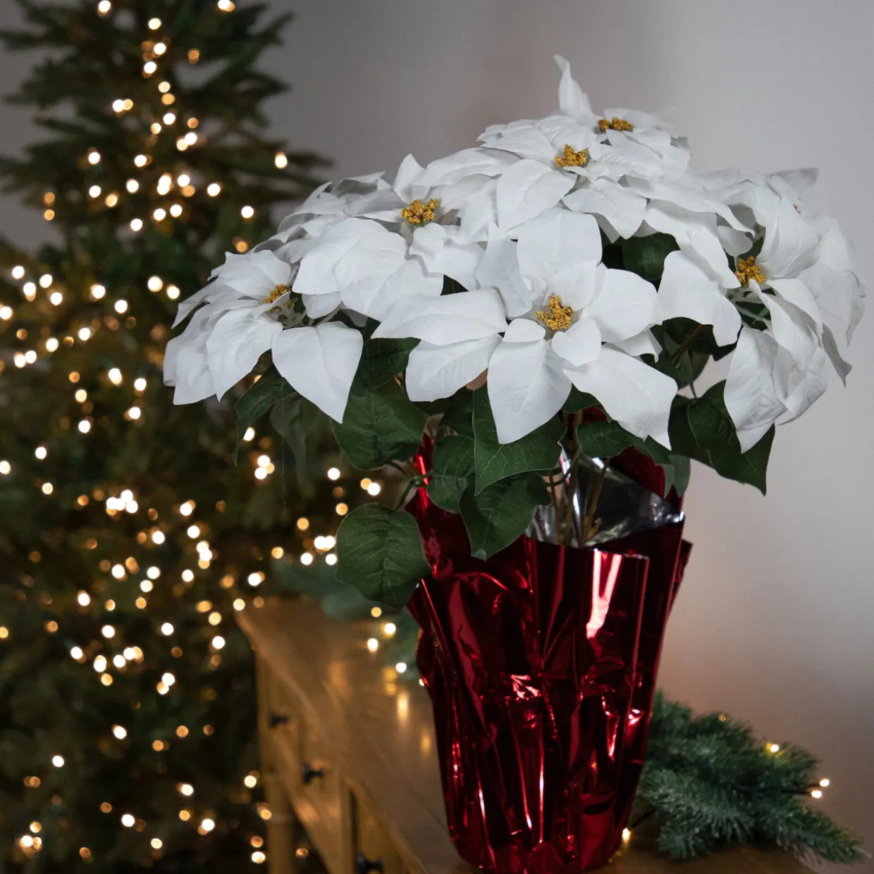 Artificial Christmas Poinsettia Flowers with Wrapped Base - 22" - White
