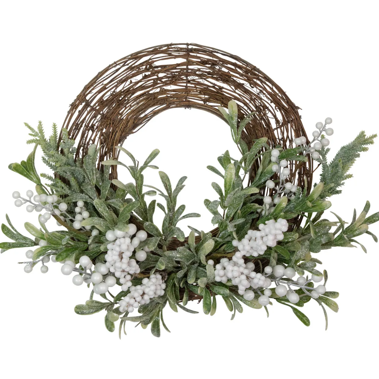 Artificial Christmas Twig Wreath with Frosted Foliage and Berries, 24-Inch, Unlit