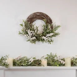Artificial Christmas Twig Wreath with Frosted Foliage and Berries, 24-Inch, Unlit