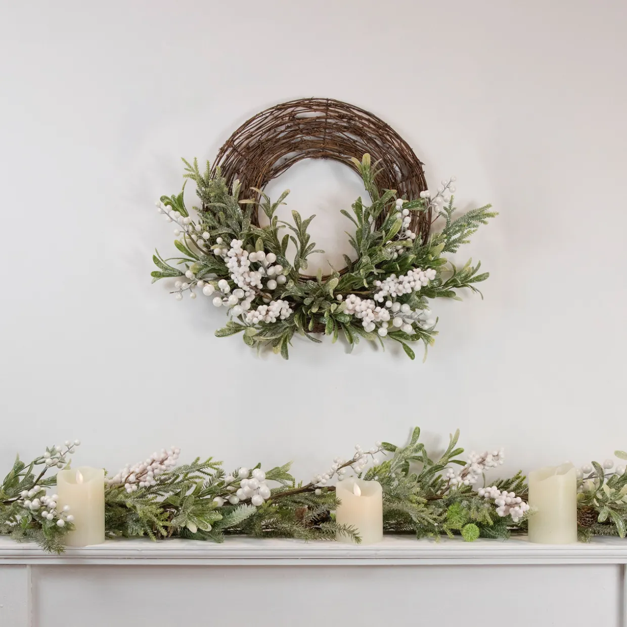 Artificial Christmas Twig Wreath with Frosted Foliage and Berries, 24-Inch, Unlit