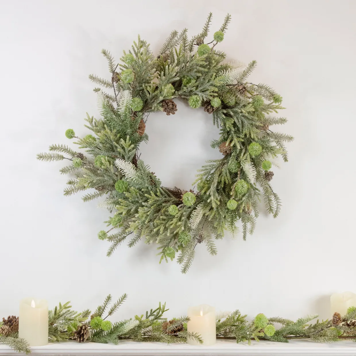 Artificial Christmas Wreath with Frosted Foliage and Pine Cones - 24" - Unlit