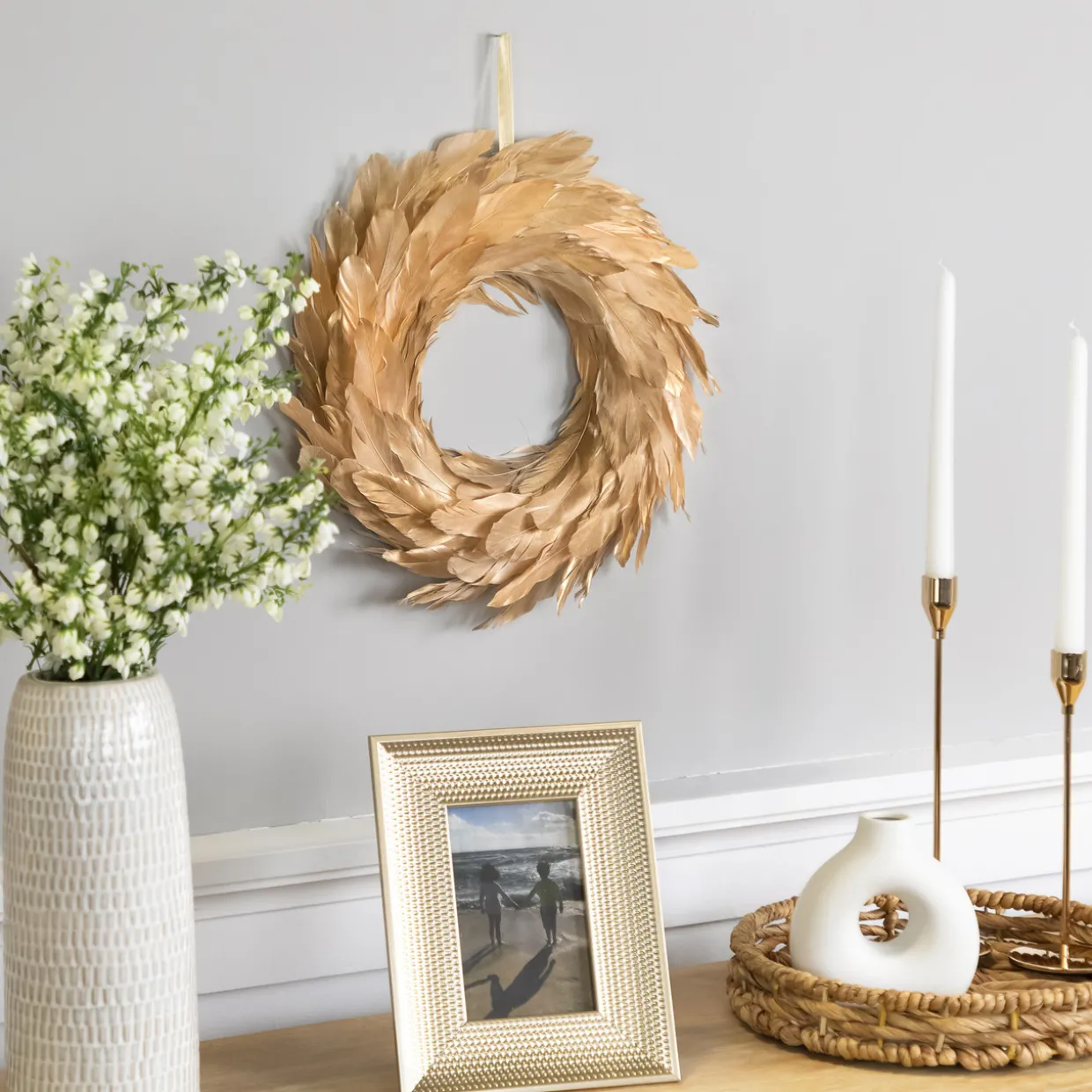 Artificial Feather Wreath - 14" - Gold