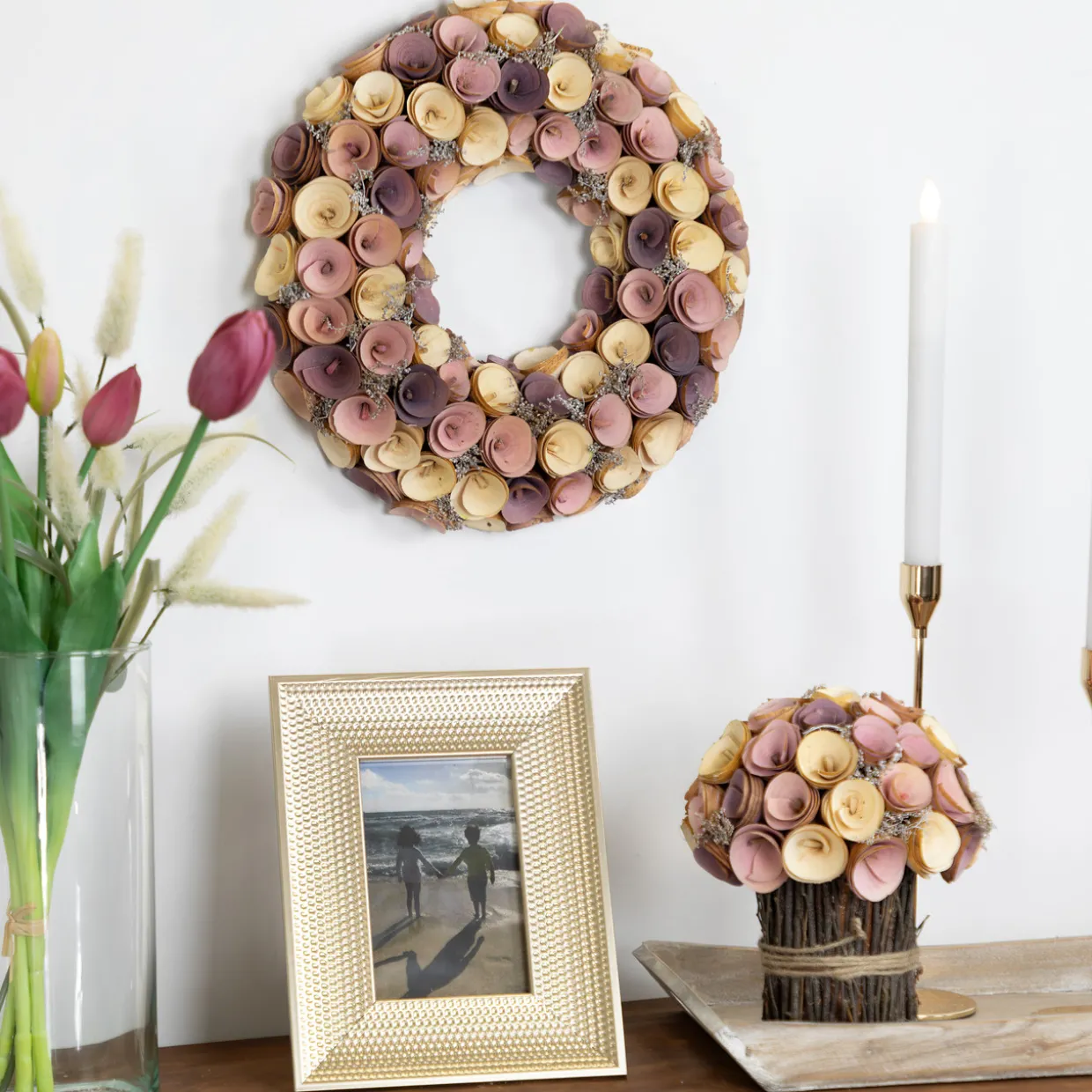 Artificial Floral Wooden Spring Wreath - 12" - Pink and Yellow