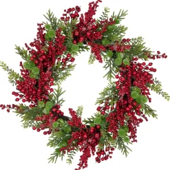 Artificial Frosted Red Berry and Pine Christmas Wreath, 28-Inch, Unlit