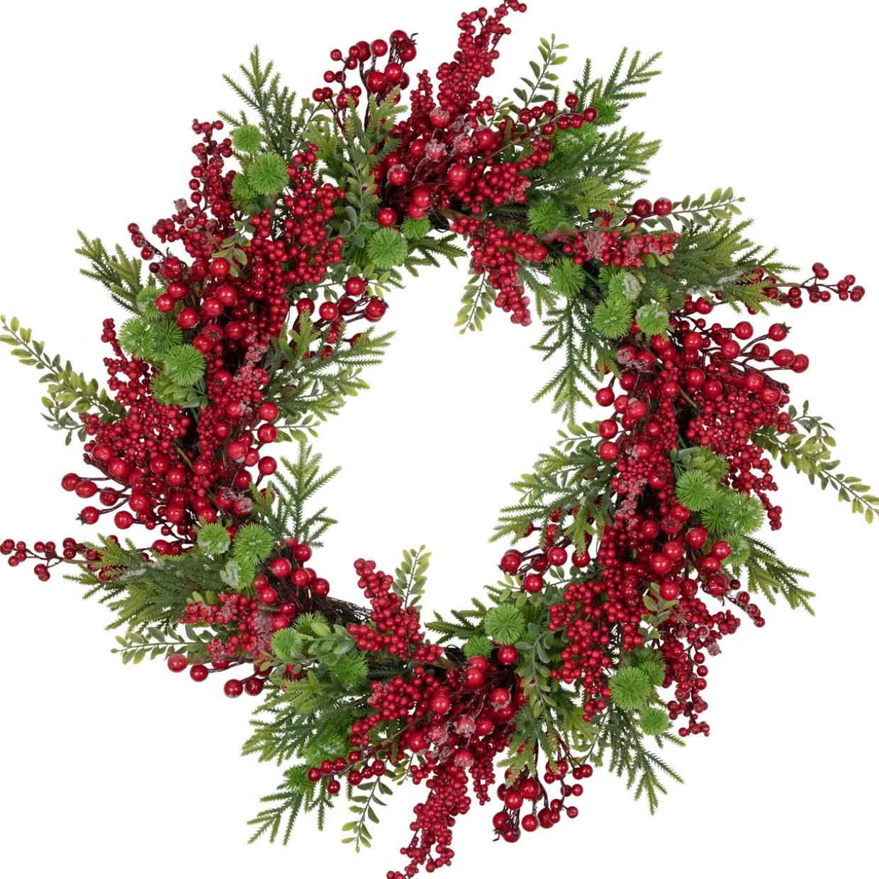 Artificial Frosted Red Berry and Pine Christmas Wreath, 28-Inch, Unlit