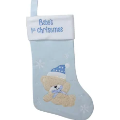 Baby's 1st Christmas Embroidered Teddy Bear Stocking - 19" - Blue and White
