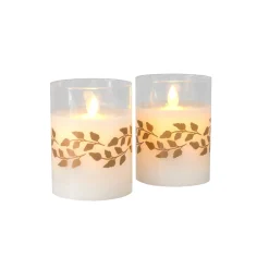 Battery Operated LED Glass Candles with Moving Flame, Gold Garland - Set of 2