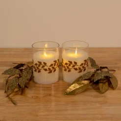 Battery Operated LED Glass Candles with Moving Flame, Gold Garland - Set of 2