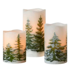 Battery Operated LED Wax Candles, Green Pines - Set of 3