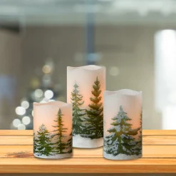 Battery Operated LED Wax Candles, Green Pines - Set of 3