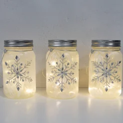 Battery Operated Silver Snowflake Glass Mason Jars - Set of 3