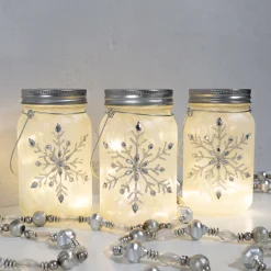 Battery Operated Silver Snowflake Glass Mason Jars - Set of 3