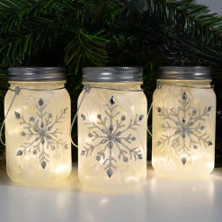 Battery Operated Silver Snowflake Glass Mason Jars - Set of 3