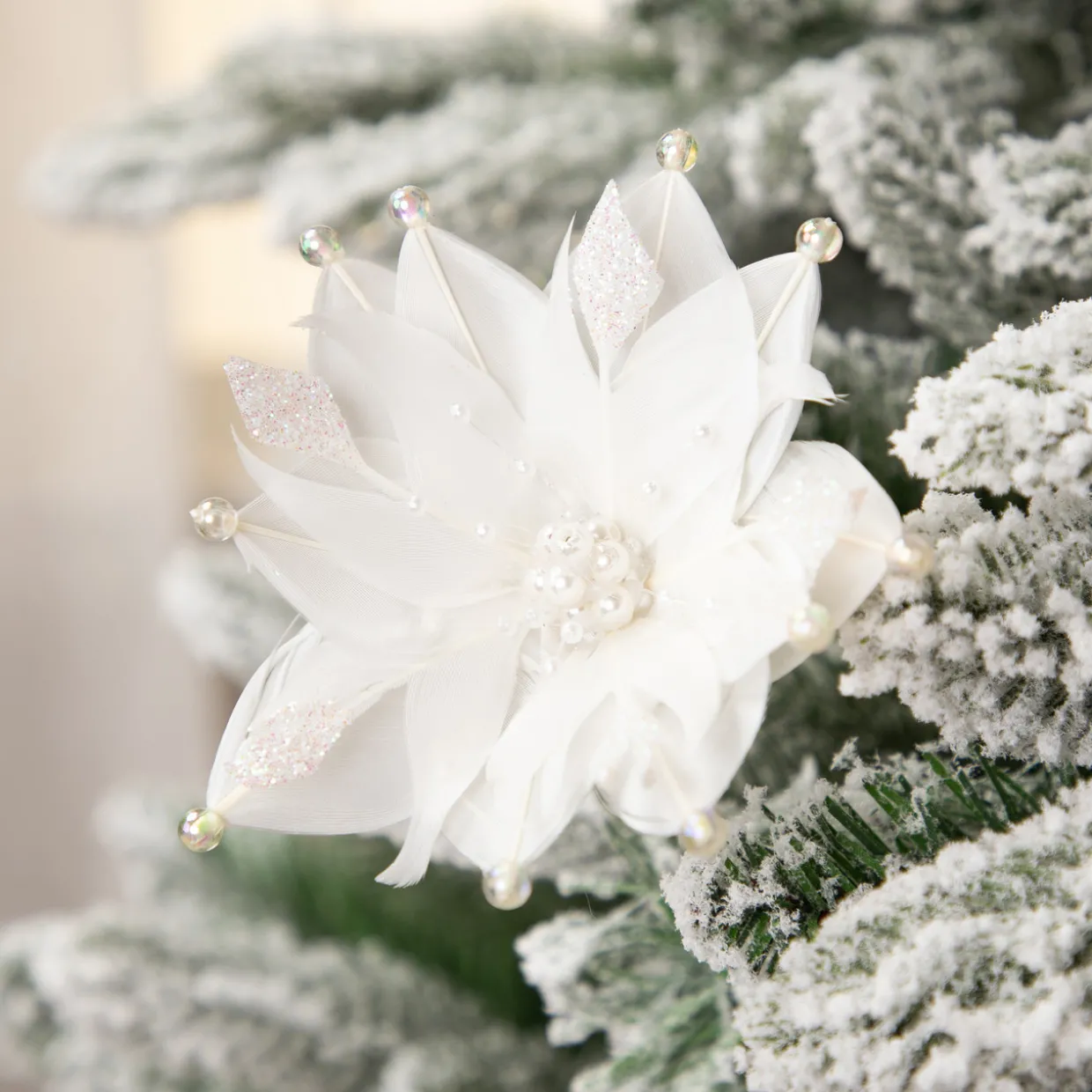 Beaded Feather Poinsettia Artificial Christmas Pick - 13.75" - White