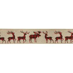 Beige and Red Plaid Buffalo with Reindeer Christmas Wired Craft Ribbon 2.5" x 16 Yards