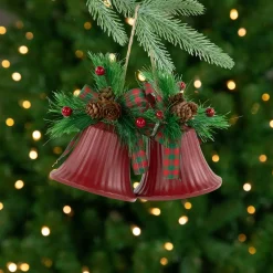 Bells with Pine Sprigs and Bow Christmas Ornaments- 7" - Red - Set of 2