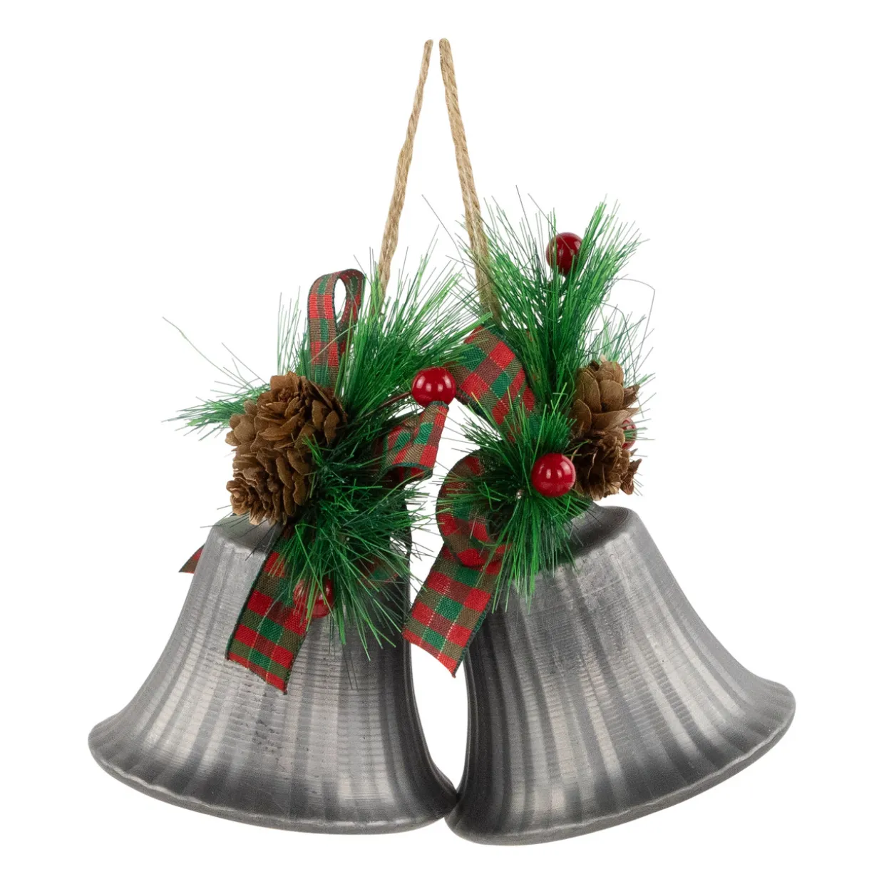 Bells with Pine Sprigs and Plaid Bow Christmas Ornaments - 7" - Silver - Set of 2