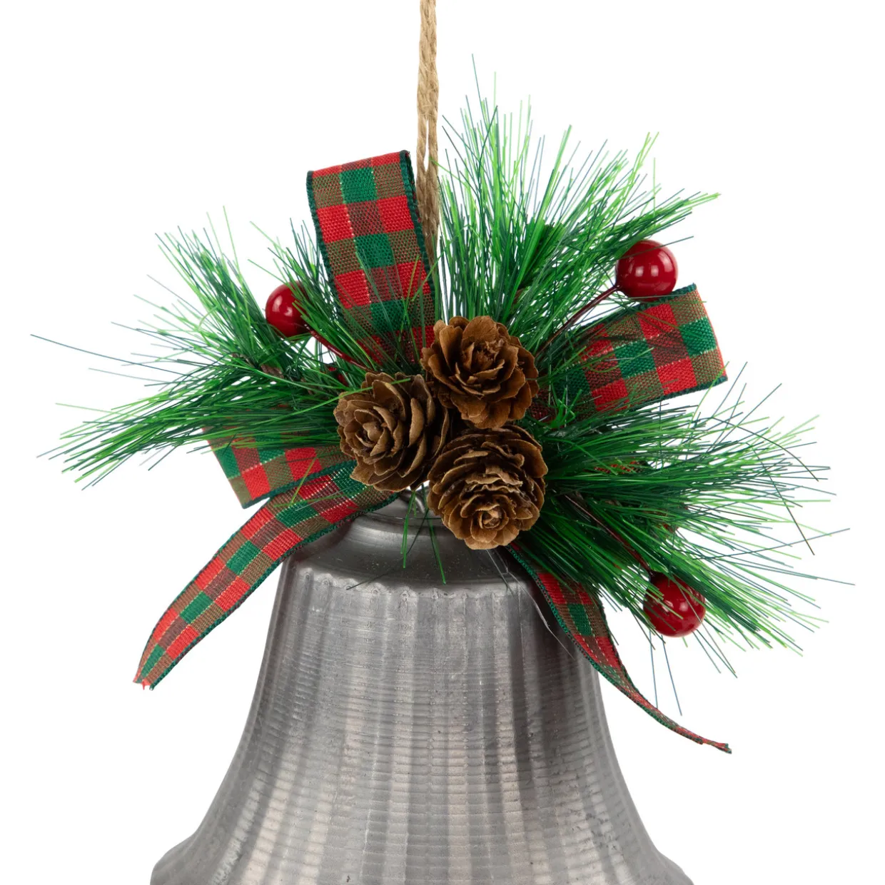 Bells with Pine Sprigs and Plaid Bow Christmas Ornaments - 7" - Silver - Set of 2
