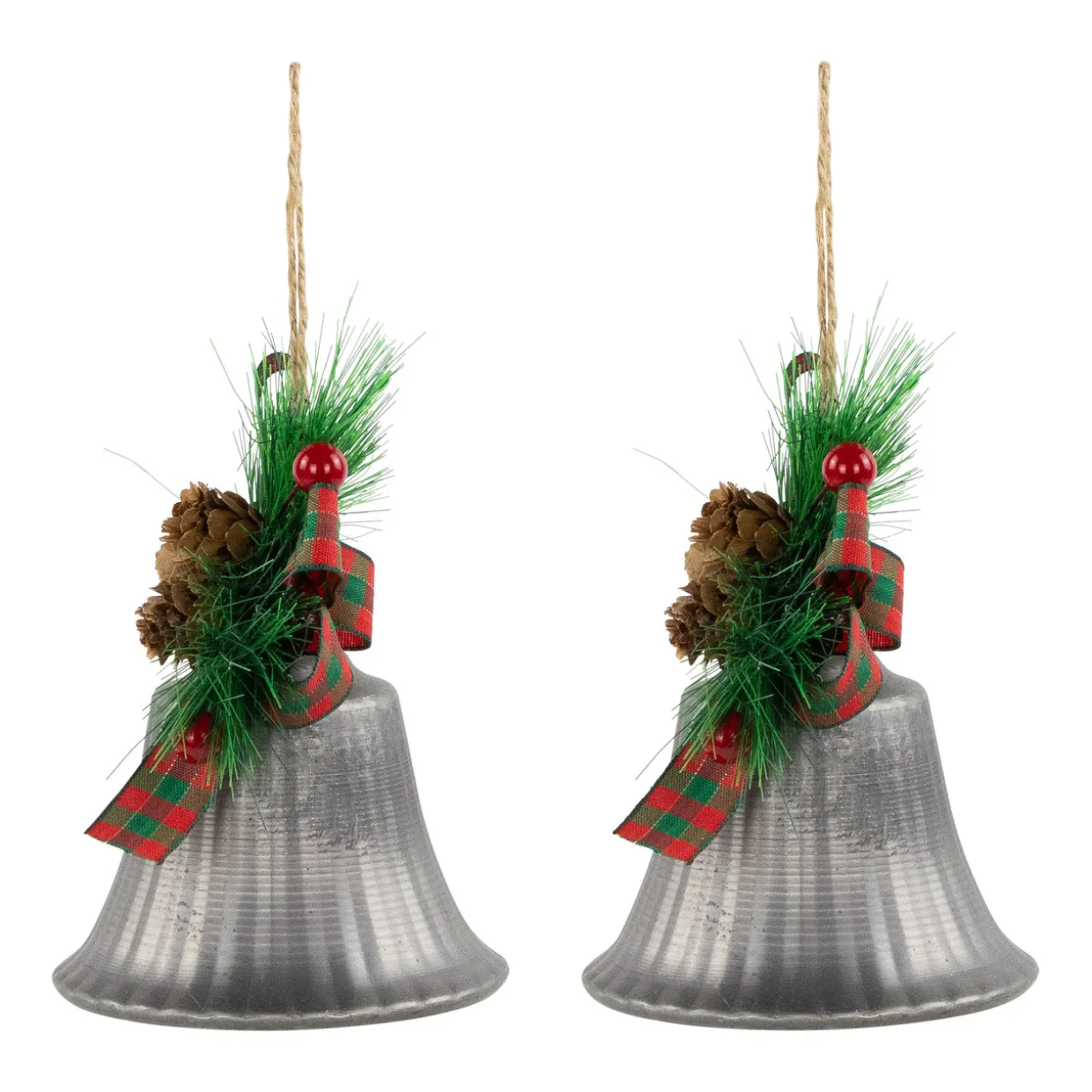 Bells with Pine Sprigs and Plaid Bow Christmas Ornaments - 7" - Silver - Set of 2