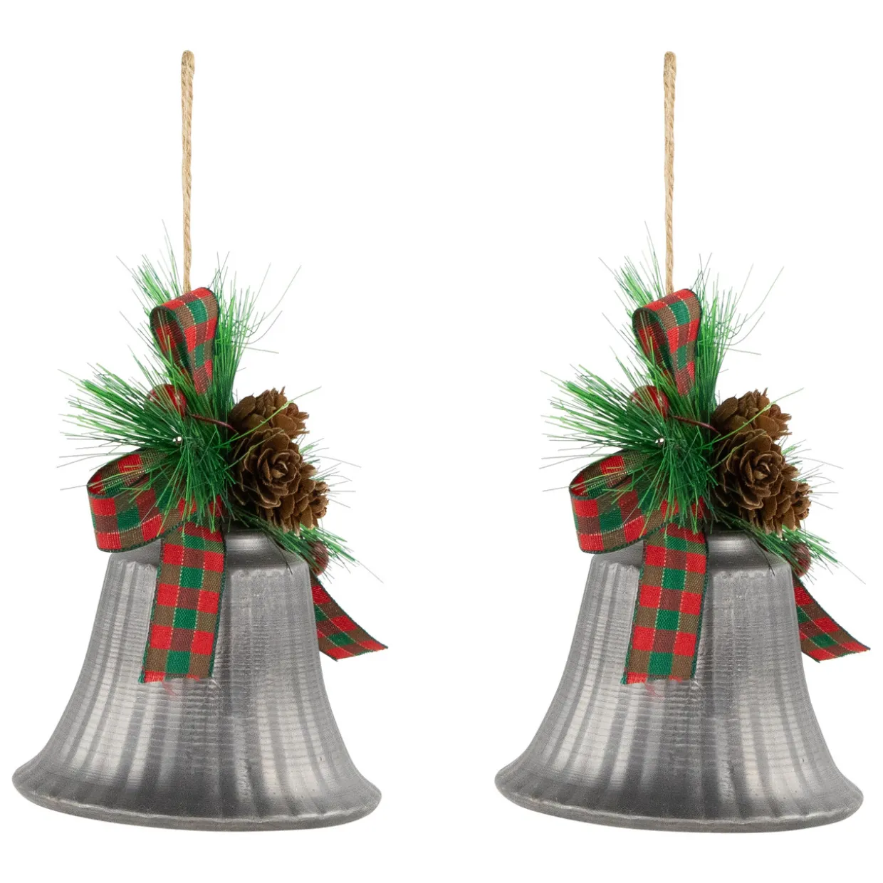 Bells with Pine Sprigs and Plaid Bow Christmas Ornaments - 7" - Silver - Set of 2