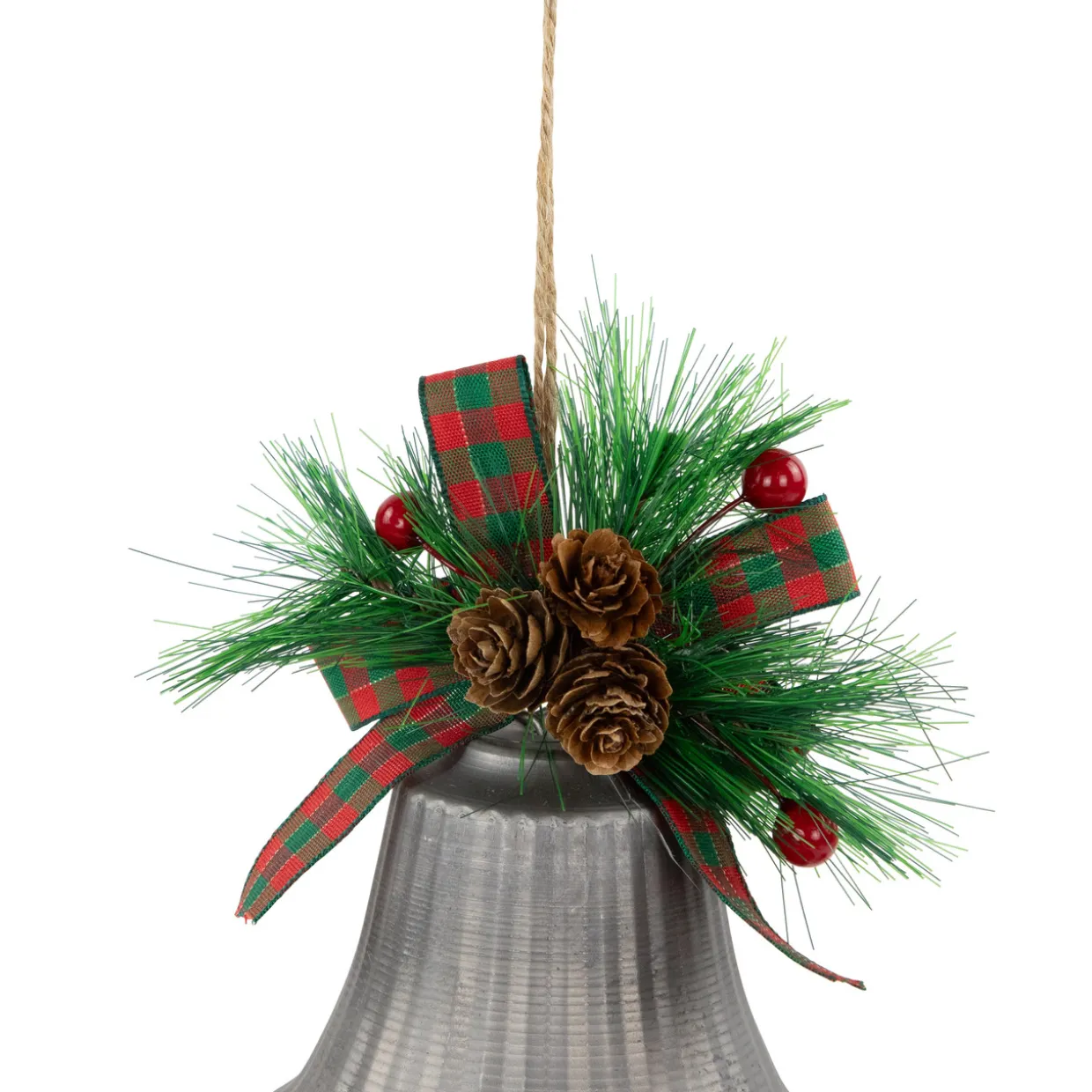 Bells with Pine Sprigs and Plaid Bow Christmas Ornaments - 7" - Silver - Set of 2
