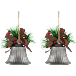 Bells with Pine Sprigs and Plaid Bow Christmas Ornaments - 7