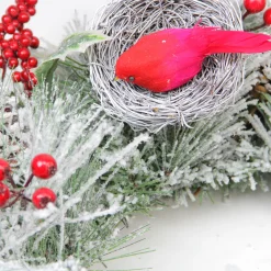 Berries and Cardinals Nests Flocked Pine Artificial Christmas Wreath - 24" - Unlit
