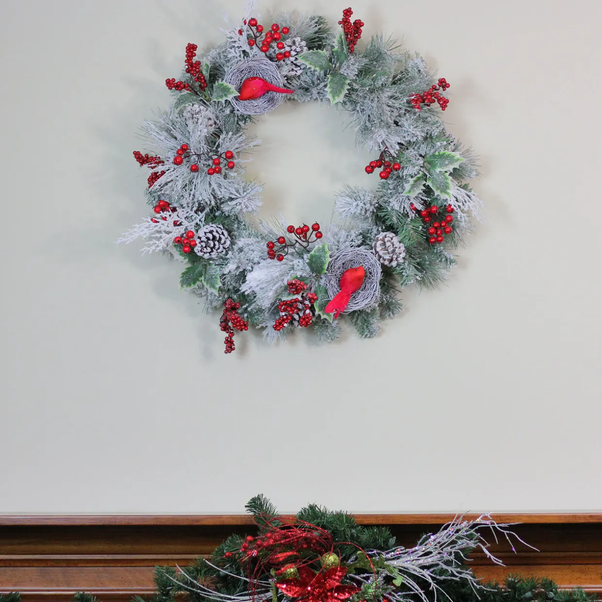 Berries and Cardinals Nests Flocked Pine Artificial Christmas Wreath - 24" - Unlit