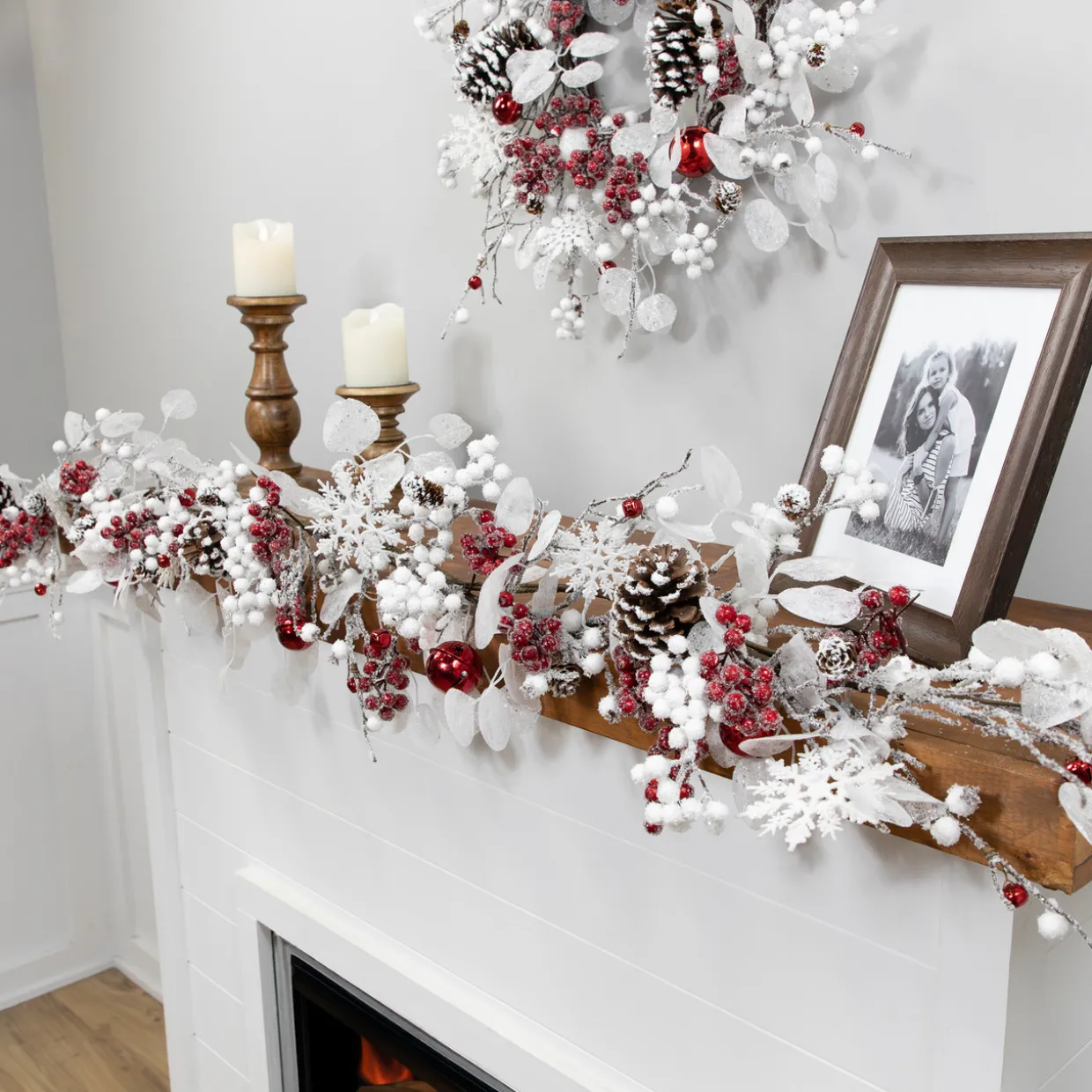 Berries and Snowflakes Artificial Christmas Garland - 6' x 8" - Red and White - Unlit