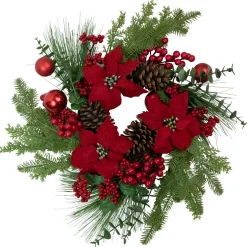 Berry and Poinsettia Artificial Christmas Wreath - 22" - Unlit