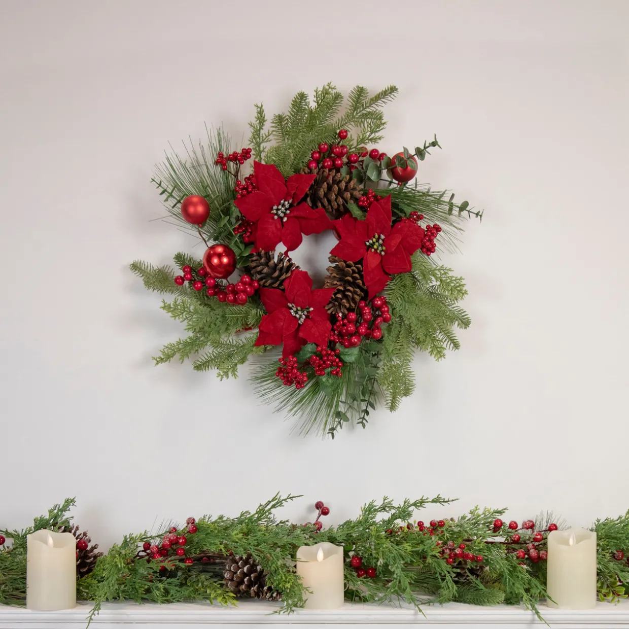 Berry and Poinsettia Artificial Christmas Wreath - 22" - Unlit