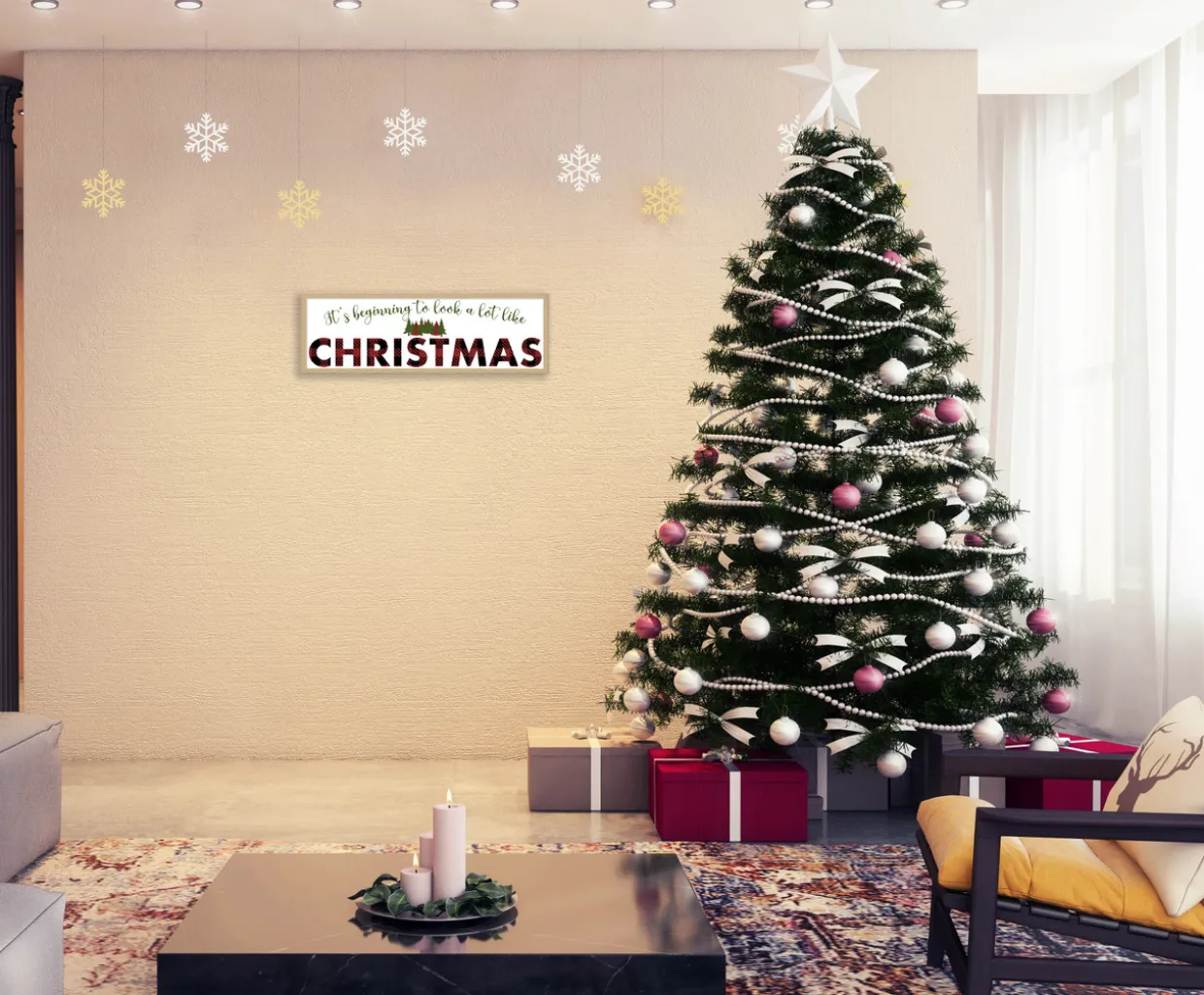 Big It's beginning to look A Lot Like Christmas 9.5" x 28.5" Framed Christmas Wall Decor Sign Poster in a Natural Wooden Frame with UV Acrylic