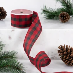 Black and Red Check Plaid Wired Craft Christmas Ribbon 2.5
